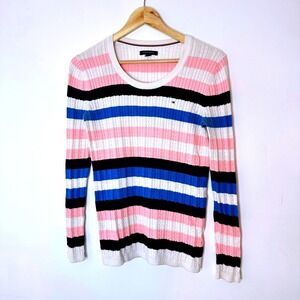 Tommy Hilfiger Striped Cable Knit Sweater Pink Blue White‎ Small